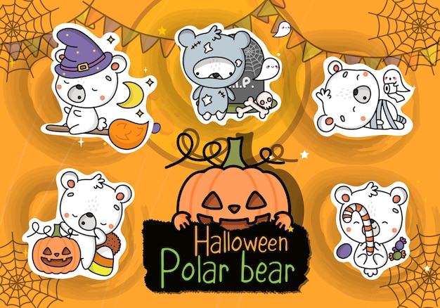 Conjunto de pegatinas de Halloween. Conjunto de imágenes prediseñadas Ilustración de oso polar de Halloween.