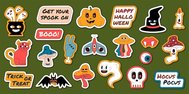 Un conjunto de pegatinas de Halloween figuradas con personajes divertidos y aterradores y citas estilo Groovy delineado