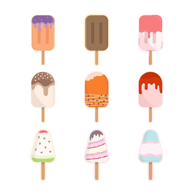 Conjunto de pegatinas de helado Ilustración vectorial de dibujos animados con varios caramelos de helado Conjunto lindo de helado