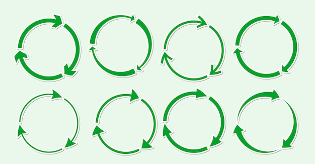 Conjunto de pegatinas de icono redondo de reciclaje verde, símbolo plano rotar flecha eco rotación utilizando recursos reciclados