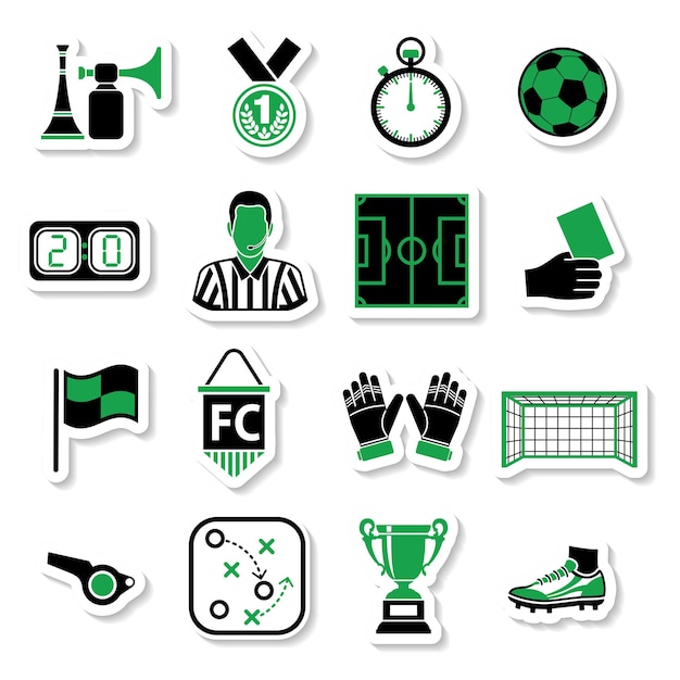 Vector conjunto de pegatinas de iconos de fútbol y fútbol para folletos, carteles, sitios web, ilustración vectorial