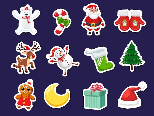 Conjunto de pegatinas de iconos de navidad. evento de celebración de feliz navidad y año nuevo. ilustración de imágenes prediseñadas de vector sobre fondo de color