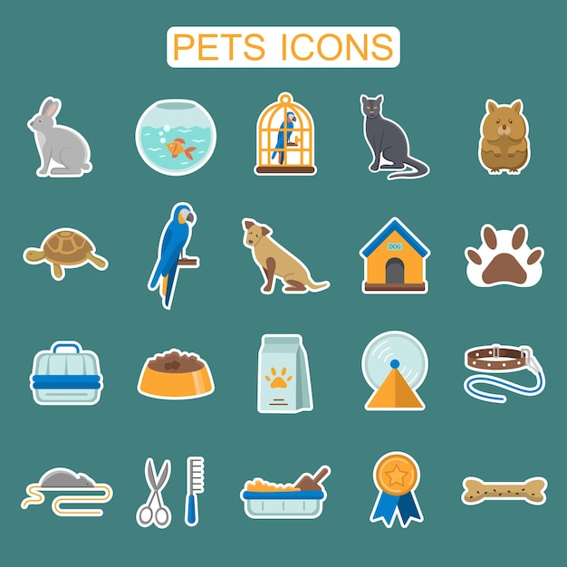 Conjunto de pegatinas de iconos planos de mascotas