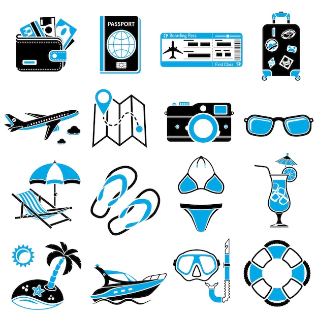Conjunto de pegatinas de iconos de vacaciones y turismo.