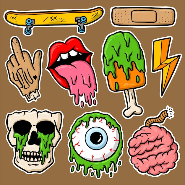 Conjunto de pegatinas Ilustración de dibujos animados de zombies dibujados a mano