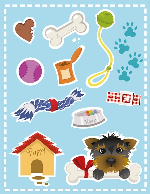 Conjunto de pegatinas de ilustración de perro y sus cosas