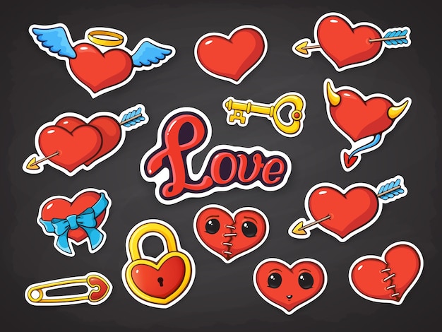 Conjunto de pegatinas de ilustración vectorial de corazones para el día de san valentín