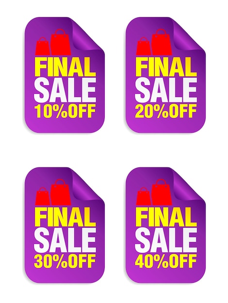 Conjunto de pegatinas de insignias de venta violeta Venta 10 20 30 40 de descuento con el icono de paquetes Ilustración vectorial