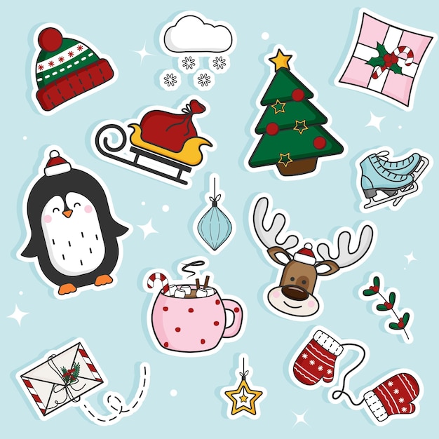 Vector conjunto de pegatinas de invierno para año nuevo y navidad, ciervos, pingüinos, guantes, regalos, vacaciones, santa