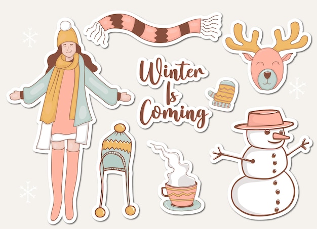 Conjunto de pegatinas de invierno con niña y algún elemento.