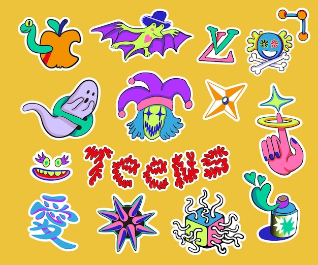 conjunto de pegatinas para jóvenes adolescentes en elementos aislados vectoriales decoración de diseño e impresión