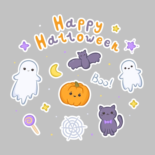 Conjunto de pegatinas kawaii halloween colección de lindos fantasmas kawaii calabaza gato murciélago feliz halloween boo web y dulces ilustración vectorial