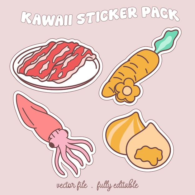Conjunto de pegatinas kawaii o elementos con linda ilustración de vector de estilo de dibujos animados de manga de anime japonés