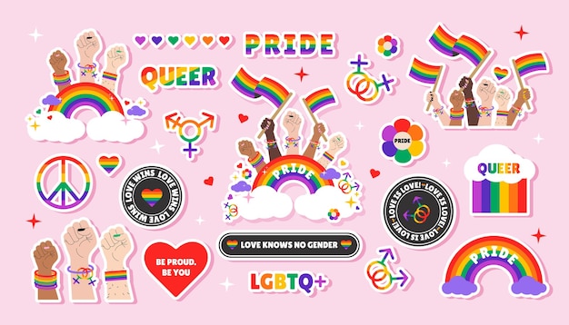 Conjunto de pegatinas LGBT con elementos de arco iris símbolo LGBTQ eslóganes queer frases y citas para la celebración del Mes del Orgullo Ilustración vectorial