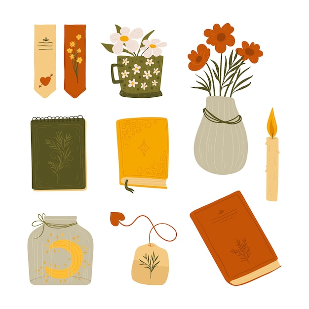 un conjunto de pegatinas con libros y una atmósfera soñadora jarrón velas libros bloc de notas marcadores y taza