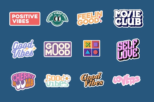 Conjunto de pegatinas Linda plantilla vectorial decorada con imágenes de dibujos animados y diseño gráfico de citas estéticas
