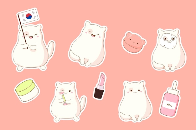 conjunto de pegatinas lindo gato coreano y cosméticos ilustración vectorial en be