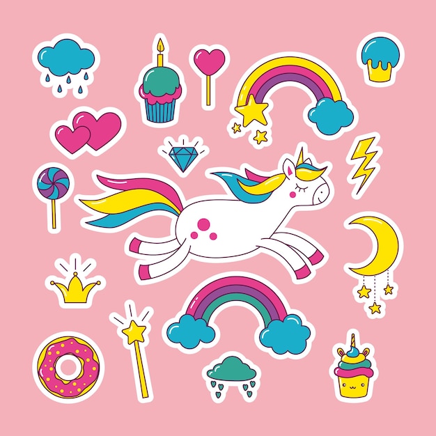 Vector un conjunto de pegatinas con un lindo pony candy cupcakes y un arco iris con nubes