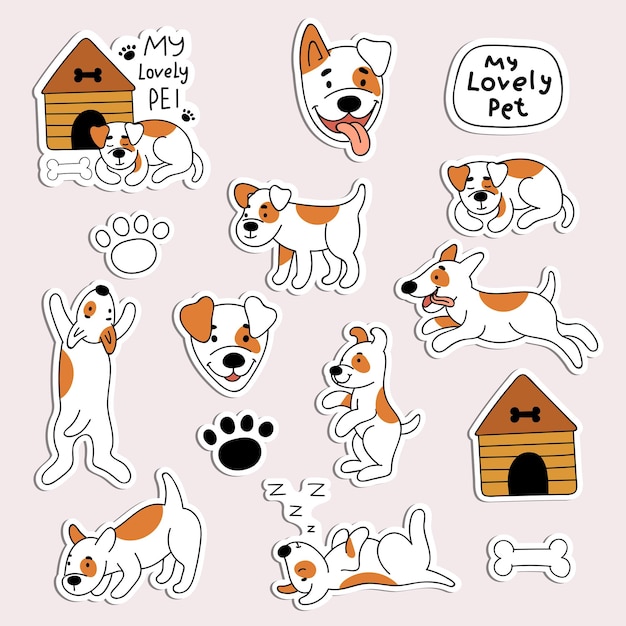 Un conjunto de pegatinas con lindos perros. Mascotas, animales, cachorros. Ilustración de estilo Doodle