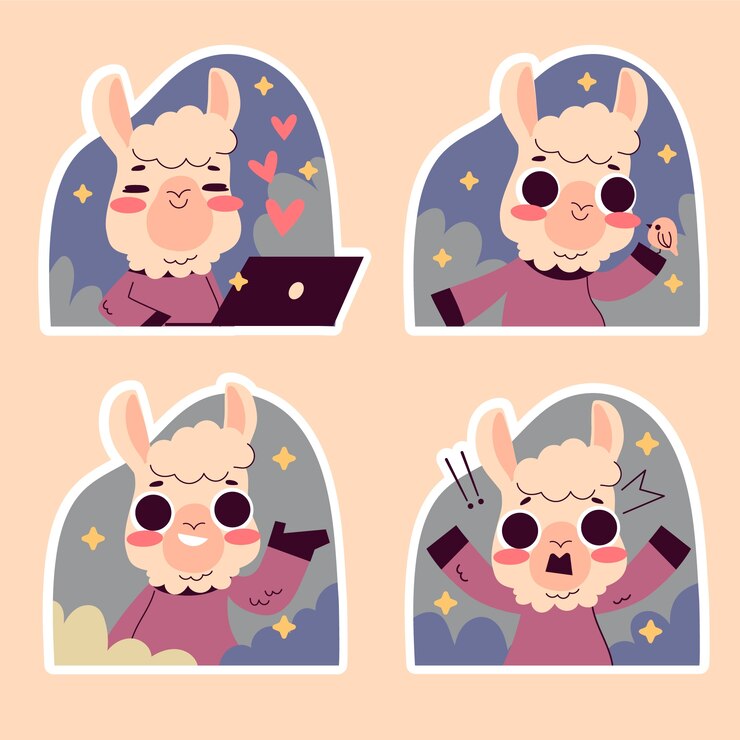 Vector conjunto de pegatinas de llama ingenua de dibujos animados dibujados a mano