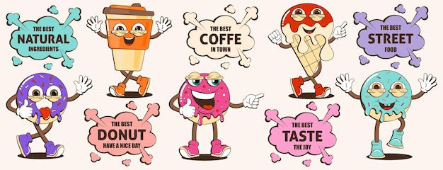 Conjunto de pegatinas de moda con personajes de comida callejera Marca de mascota para cafés restaurantes bares