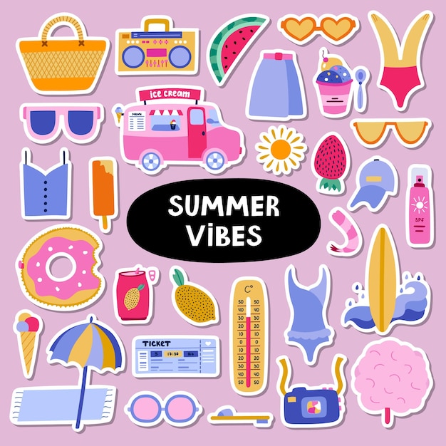 Conjunto de pegatinas de moda sobre vacaciones de verano playa tropical descanso de verano caliente para planificadores Listo para imprimir lista de pegatinas Conjunto de vacaciones de vector dibujado a mano con equipo de entretenimiento de bebidas de temporada