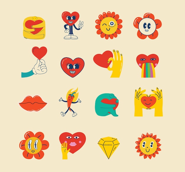 Conjunto de pegatinas modernas y divertidas Estilo de dibujos animados retro Día de San Valentín Estética de los años 70 y 60 Elementos aislados Conjunto de ilustraciones vectoriales vintage