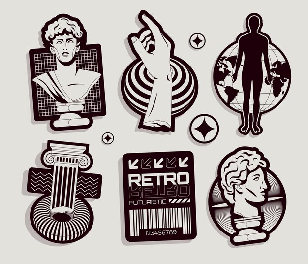 Conjunto de pegatinas monocromáticas retro futuristas