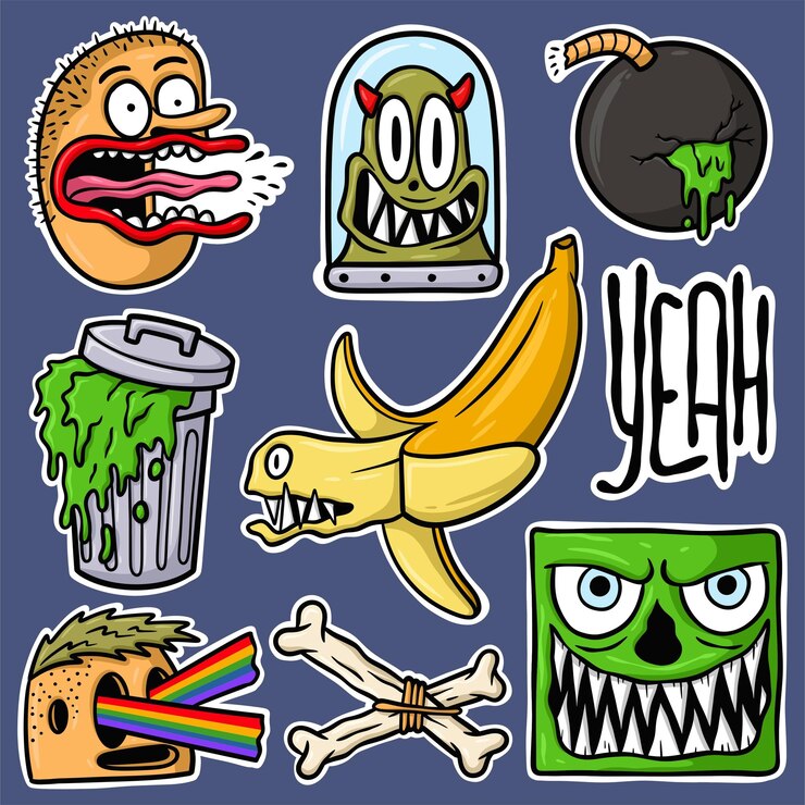 Vector conjunto de pegatinas monstruo dibujado a mano ilustración de dibujos animados