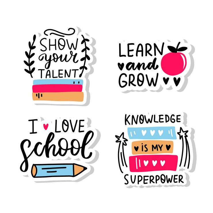 Vector conjunto de pegatinas de motivación escolar conjunto de pegatinas de citas escolares citas de regreso a la escuela letras a mano