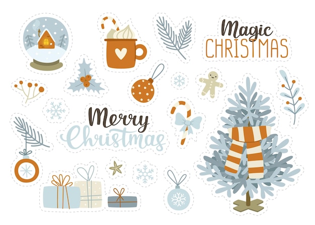 Conjunto de pegatinas navideñas Colección de vectores de atributos festivos acogedores Lindo paquete de pegatinas navideñas