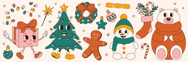 Conjunto de pegatinas navideñas Groovy de los años 70 Elementos y personajes de dibujos animados cómicos