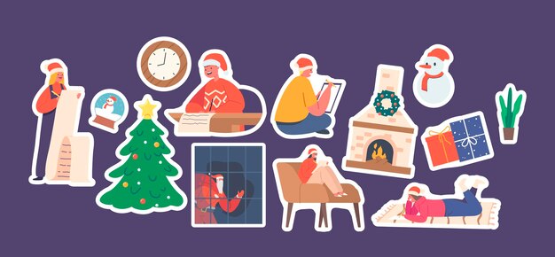 Conjunto de pegatinas Los niños escriben una carta a Papá Noel Los niños y niñas pequeños usan sombreros rojos Escribiendo la lista de deseos Chimenea