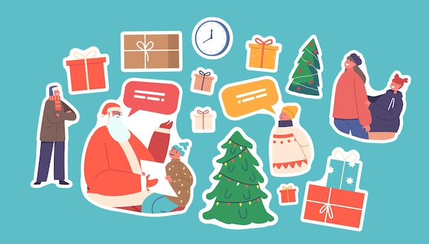 Conjunto de pegatinas Los niños leen poemas a los personajes de niñas y niños de Santa Claus Reunión con el padre Noel sentado de rodillas
