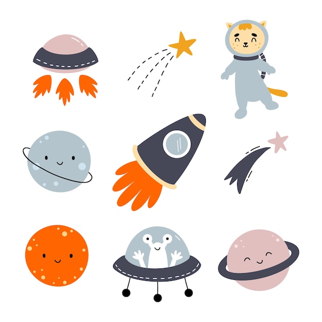 Conjunto de pegatinas para niños sobre el tema del espacio Planeta y nave espacial Vector doodle ilustración