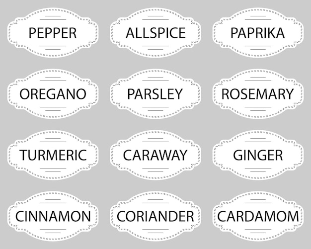 Vector conjunto de pegatinas o etiquetas para tarros de especias. colección de 12 pegatinas vectoriales con nombres de especias.