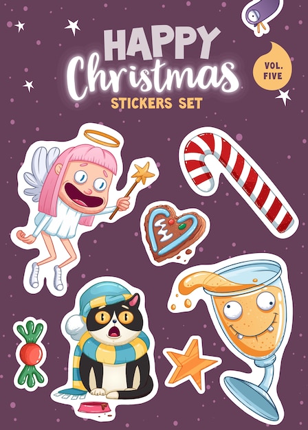 Conjunto de pegatinas o imanes de feliz Navidad y feliz año nuevo. Recuerdos festivos. Ilustración vectorial