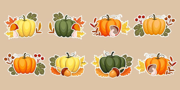 Conjunto de pegatinas de otoño, calabazas con bellotas, champiñones y hojas de otoño y serbal. Ilustración