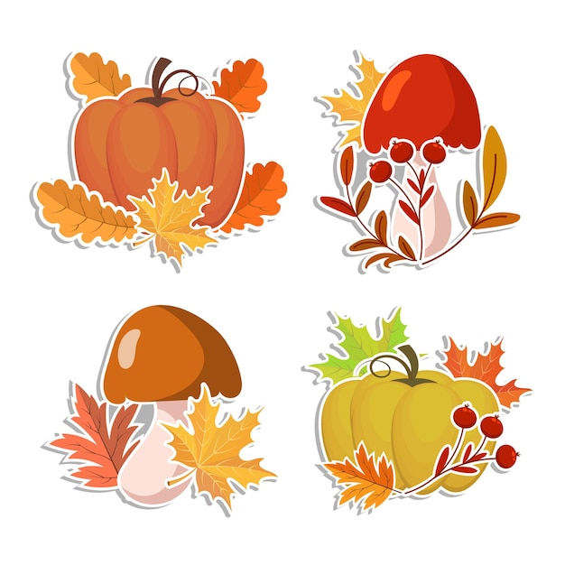 Vector conjunto de pegatinas de otoño, calabazas, champiñones y bellotas con hojas de otoño y serbal. ilustración