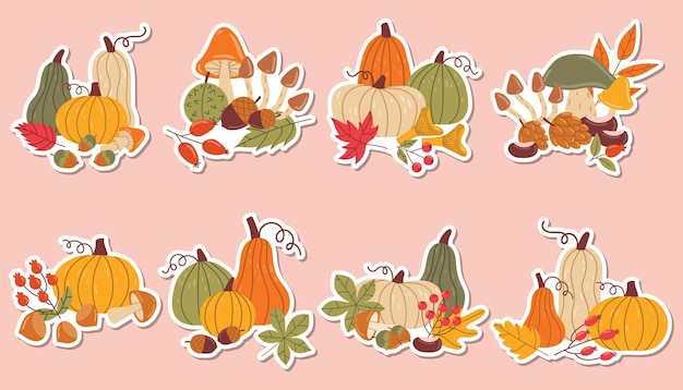 Conjunto de pegatinas de otoño con composiciones decorativas de hojas, calabazas, setas, nueces y bayas