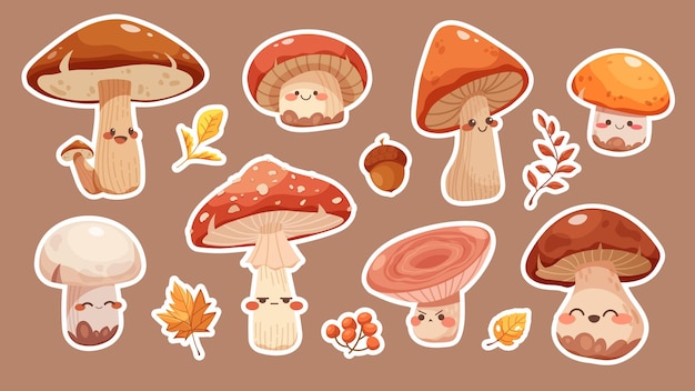 Conjunto de pegatinas de otoño de kawaii Personajes de otoño setas de setas de bosque con emociones hojas materiales naturales íconos dibujados por vectores