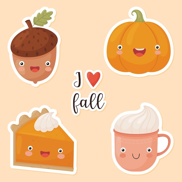 Conjunto de pegatinas de otoño. personajes divertidos de otoño. calabaza, bellota, pastel de calabaza, taza y letras. ilustración vectorial.