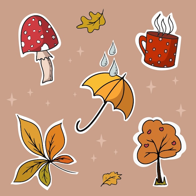 Conjunto de pegatinas de otoño taza de agárico de mosca de setas con paraguas de bebida caliente con árbol de gotas de lluvia y hojas de otoño