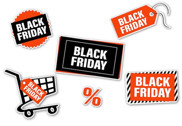 conjunto de pegatinas pancartas Black Friday en colores negro y naranja