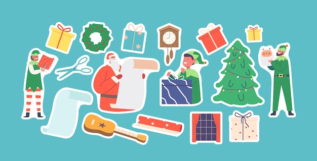 Conjunto De Pegatinas Papá Noel Y Elfos Leyendo La Lista De Regalos Y Preparando Regalos Para Los Niños Para Feliz Navidad Y Año Nuevo