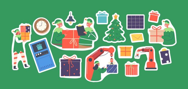 Conjunto de pegatinas Papá Noel Flujo de trabajo de fábrica de Navidad Equipo de duendes Fabricación de regalos en línea de maquinaria Parches de transportador de Navidad