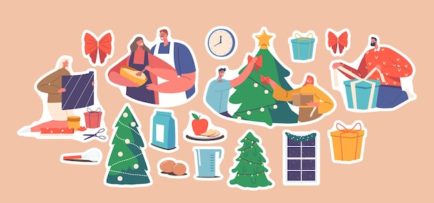 Conjunto de pegatinas Pareja joven Celebrar Navidad Empacar regalos Cocinar y decorar Personajes felices de abeto