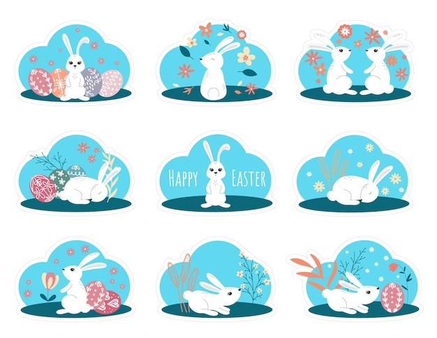 Conjunto de pegatinas de pascua con conejitos conejos lindos huevos de pascua hierbas y flores ilustración de bebé