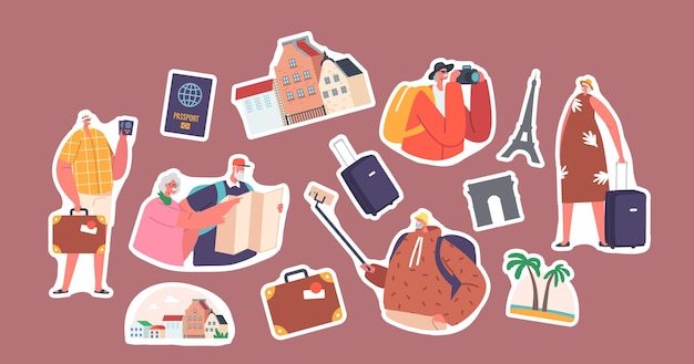 Conjunto de pegatinas Pensionistas activos Viaje Viaje Turistas mayores en ciudad extranjera con mapa Personas que usan el móvil para Selfie