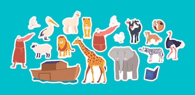 Conjunto de pegatinas Personaje de Noé con arca y animales domésticos y salvajes guardados Animales exóticos y parches de vectores de aves